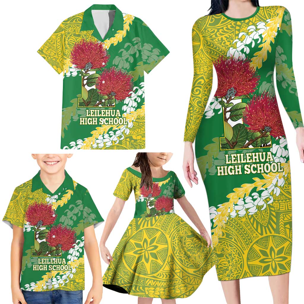 Personalized Leilehua Hawaii High School Family Matching Long Sleeve Bodycon Dress and Hawaiian Shirt Puakenikeni Lei Hawaiian Pattern - Polynesian Pride