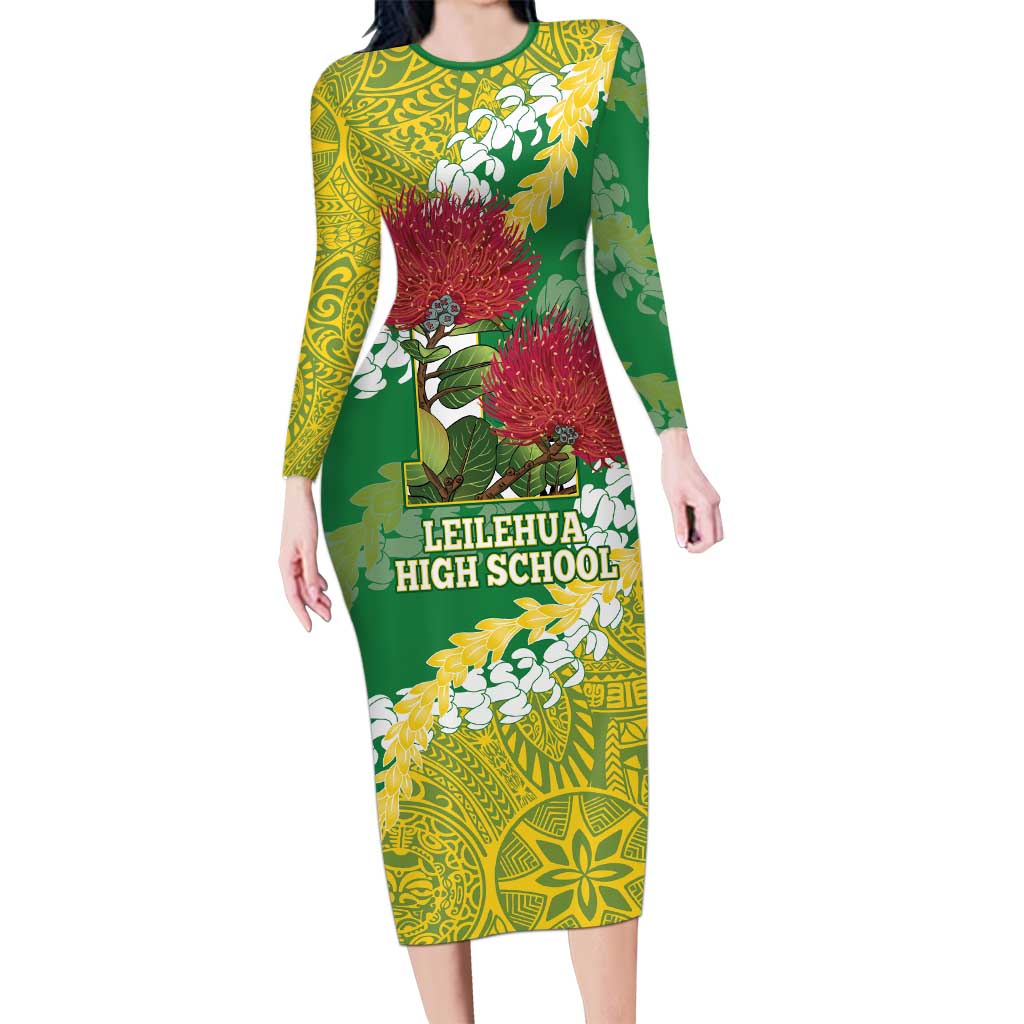 Personalized Leilehua Hawaii High School Family Matching Long Sleeve Bodycon Dress and Hawaiian Shirt Puakenikeni Lei Hawaiian Pattern - Polynesian Pride