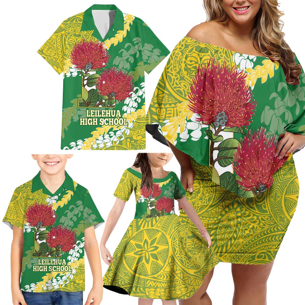 Personalized Leilehua Hawaii High School Family Matching Off Shoulder Short Dress and Hawaiian Shirt Puakenikeni Lei Hawaiian Pattern LT14 - Polynesian Pride