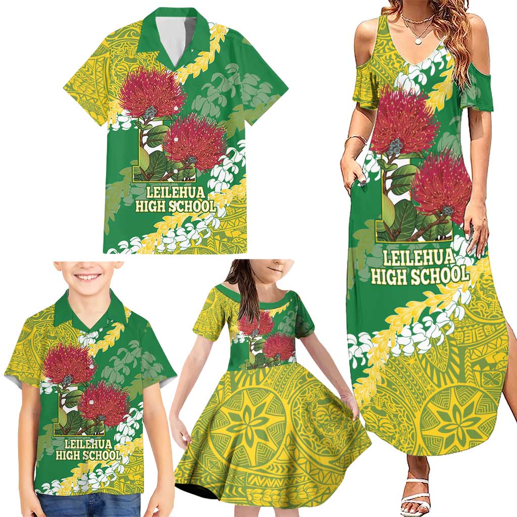 Personalized Leilehua Hawaii High School Family Matching Summer Maxi Dress and Hawaiian Shirt Puakenikeni Lei Hawaiian Pattern - Polynesian Pride