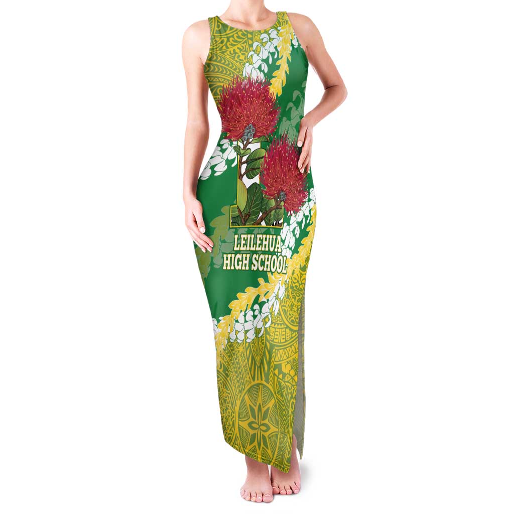 Personalized Leilehua Hawaii High School Family Matching Tank Maxi Dress and Hawaiian Shirt Puakenikeni Lei Hawaiian Pattern LT14 Mom's Dress Green - Polynesian Pride