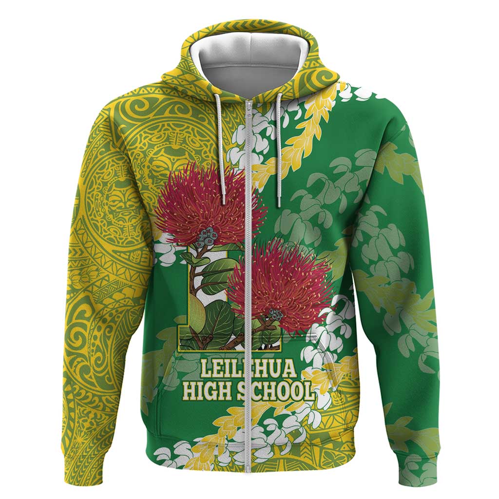 Personalized Leilehua Hawaii High School Hoodie Puakenikeni Lei Hawaiian Pattern LT14 Zip Hoodie Green - Polynesian Pride