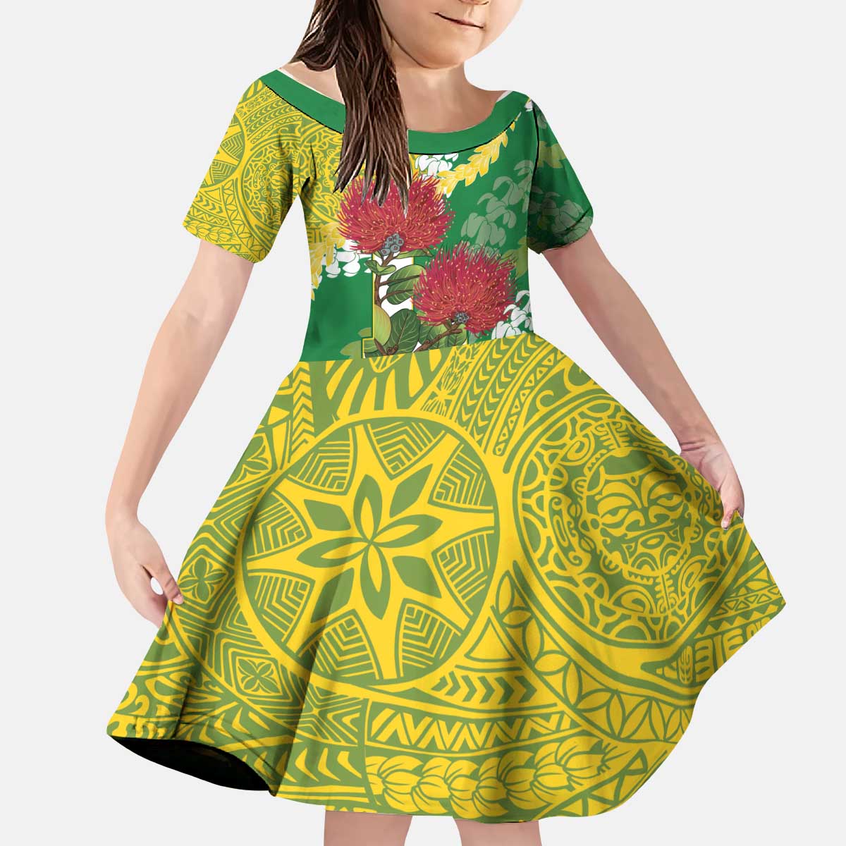 Personalized Leilehua Hawaii High School Kid Short Sleeve Dress Puakenikeni Lei Hawaiian Pattern - Polynesian Pride