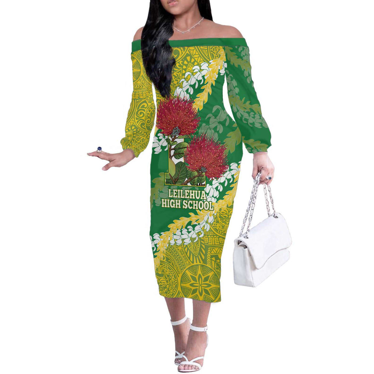 Personalized Leilehua Hawaii High School Off The Shoulder Long Sleeve Dress Puakenikeni Lei Hawaiian Pattern - Polynesian Pride