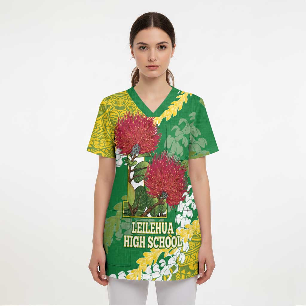 Personalized Leilehua Hawaii High School Scrub Top Puakenikeni Lei Hawaiian Pattern LT14 - Polynesian Pride