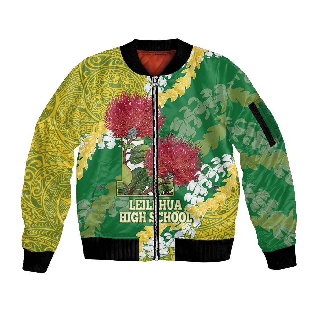 Personalized Leilehua Hawaii High School Sleeve Zip Bomber Jacket Puakenikeni Lei Hawaiian Pattern LT14 Unisex Green - Polynesian Pride