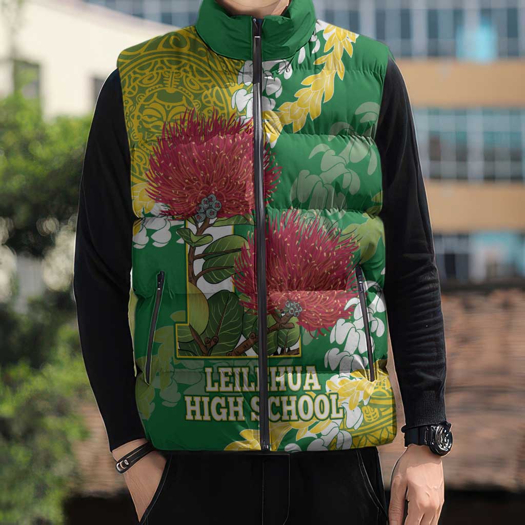 Personalized Leilehua Hawaii High School Sleeveless Puffer Jacket Puakenikeni Lei Hawaiian Pattern LT14 - Polynesian Pride