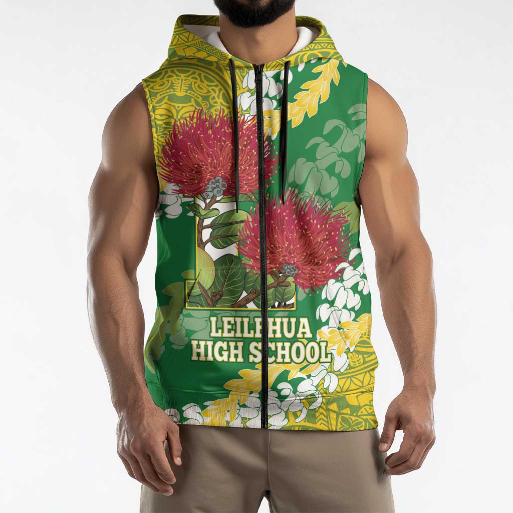 Personalized Leilehua Hawaii High School Sleeveless Zip Hoodie Puakenikeni Lei Hawaiian Pattern - Polynesian Pride