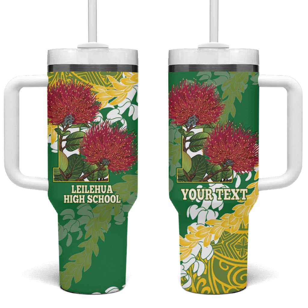 Personalized Leilehua Hawaii High School Tumbler With Handle Puakenikeni Lei Hawaiian Pattern LT14 One Size: 40 oz Green - Polynesian Pride