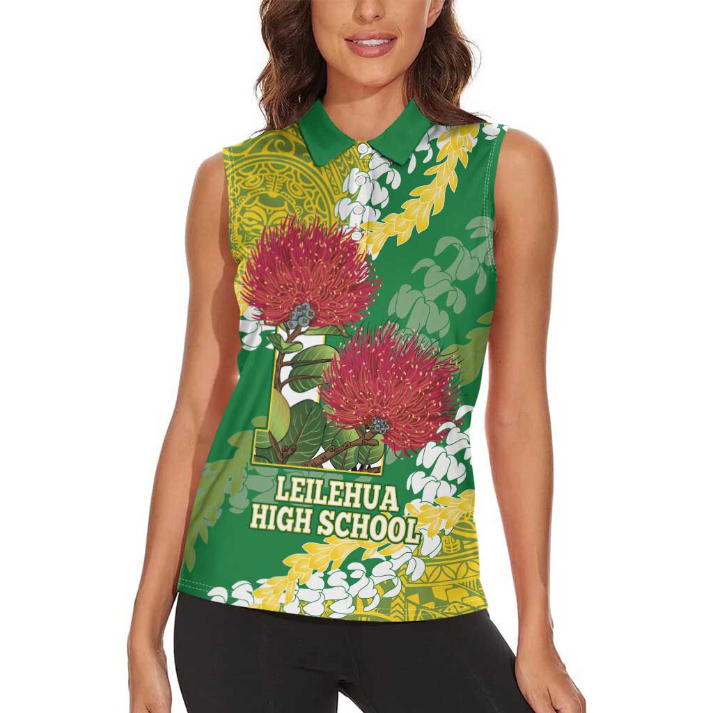 Personalized Leilehua Hawaii High School Women Sleeveless Polo Shirt Puakenikeni Lei Hawaiian Pattern - Polynesian Pride
