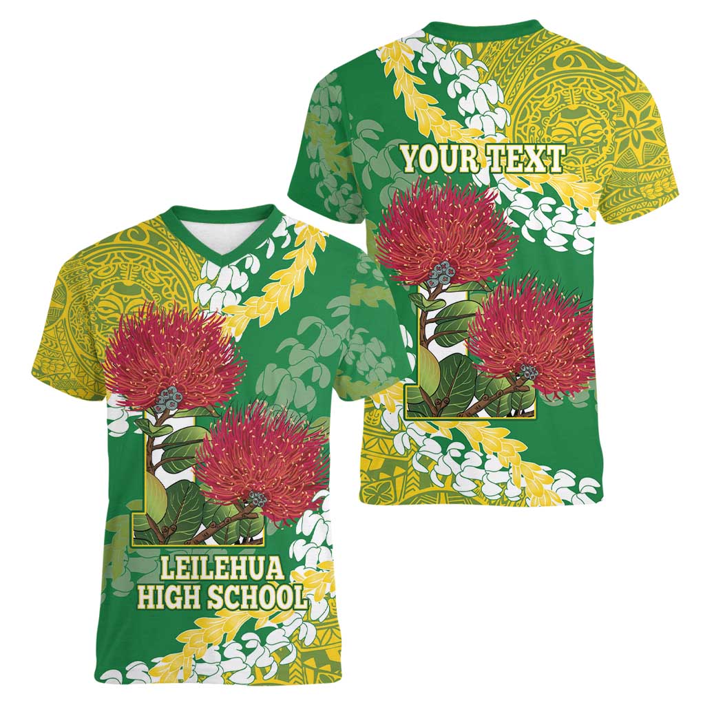 Personalized Leilehua Hawaii High School Women V-Neck T-Shirt Puakenikeni Lei Hawaiian Pattern - Polynesian Pride