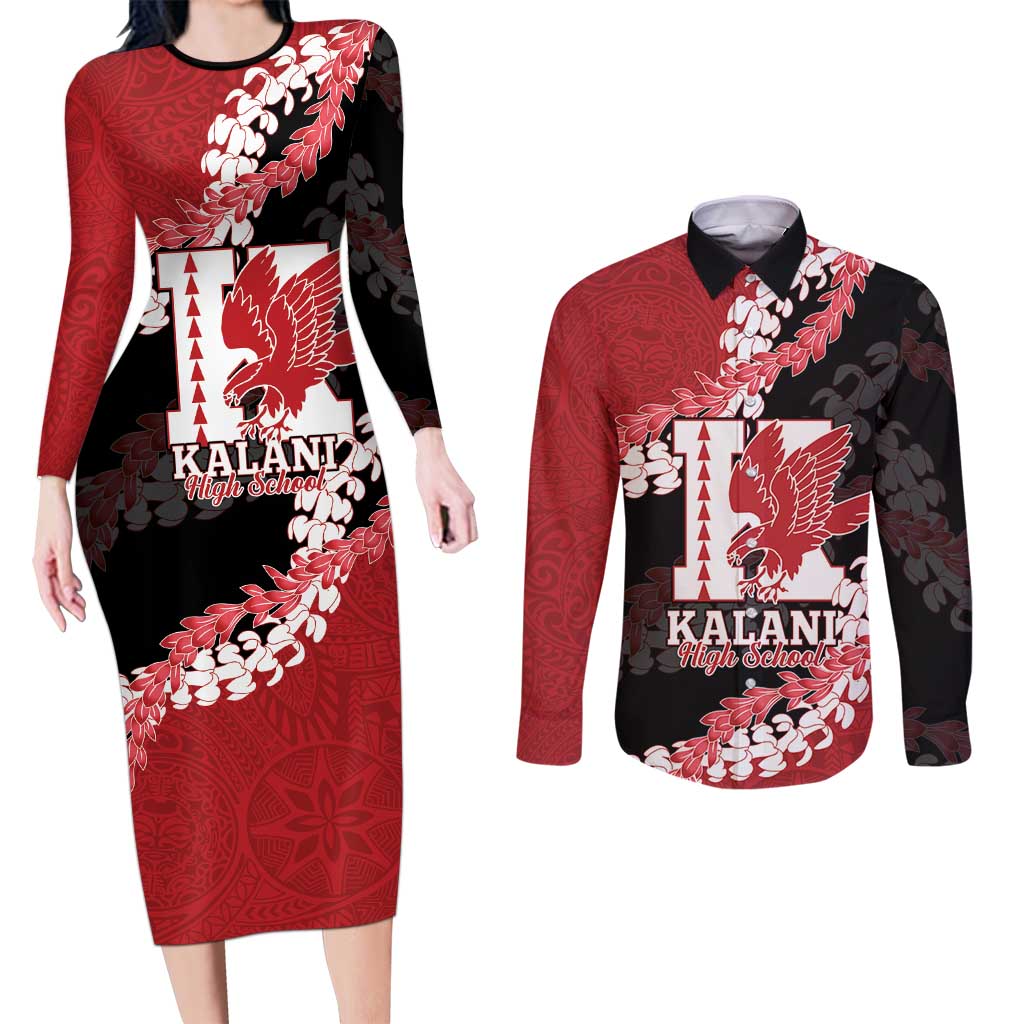Personalized Kalani Hawaii High School Couples Matching Long Sleeve Bodycon Dress and Long Sleeve Button Shirt Puakenikeni Lei Hawaiian Pattern LT14 Red - Polynesian Pride