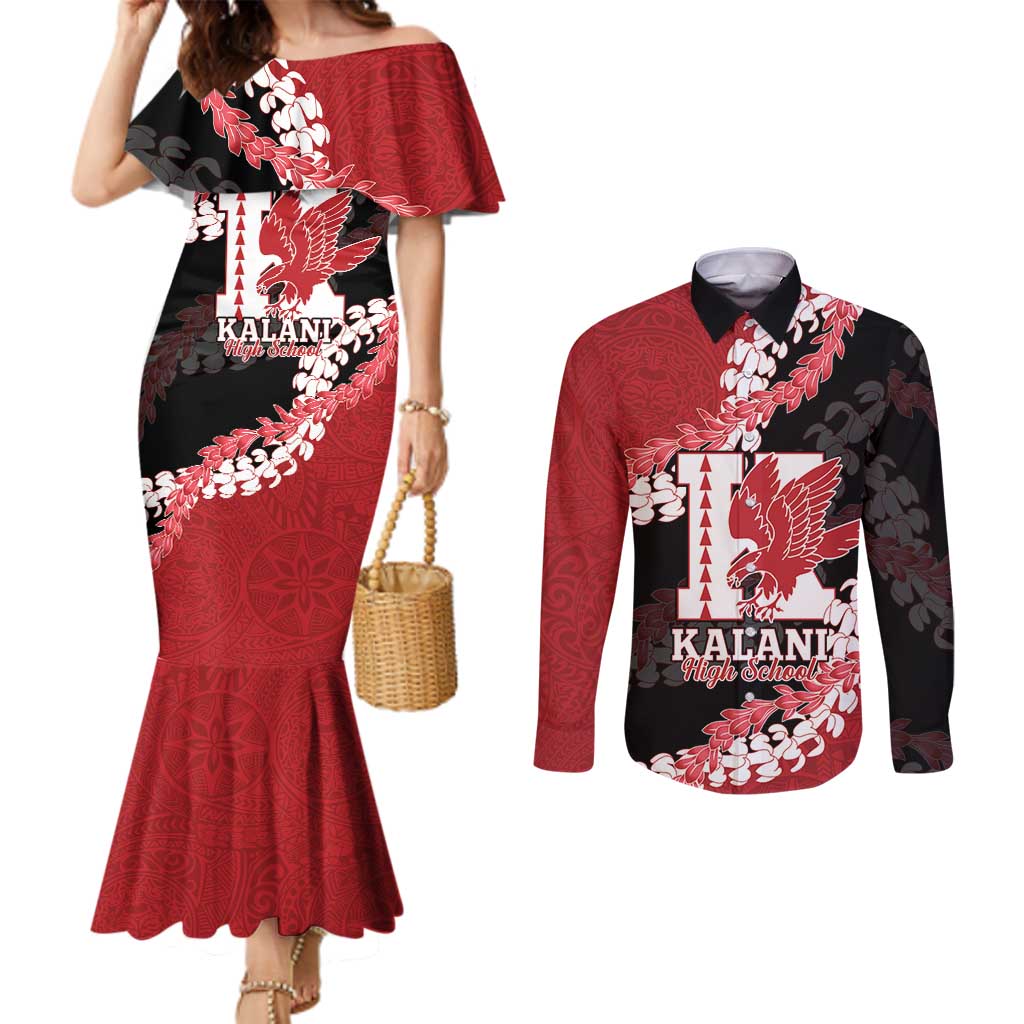 Personalized Kalani Hawaii High School Couples Matching Mermaid Dress and Long Sleeve Button Shirt Puakenikeni Lei Hawaiian Pattern LT14 Red - Polynesian Pride