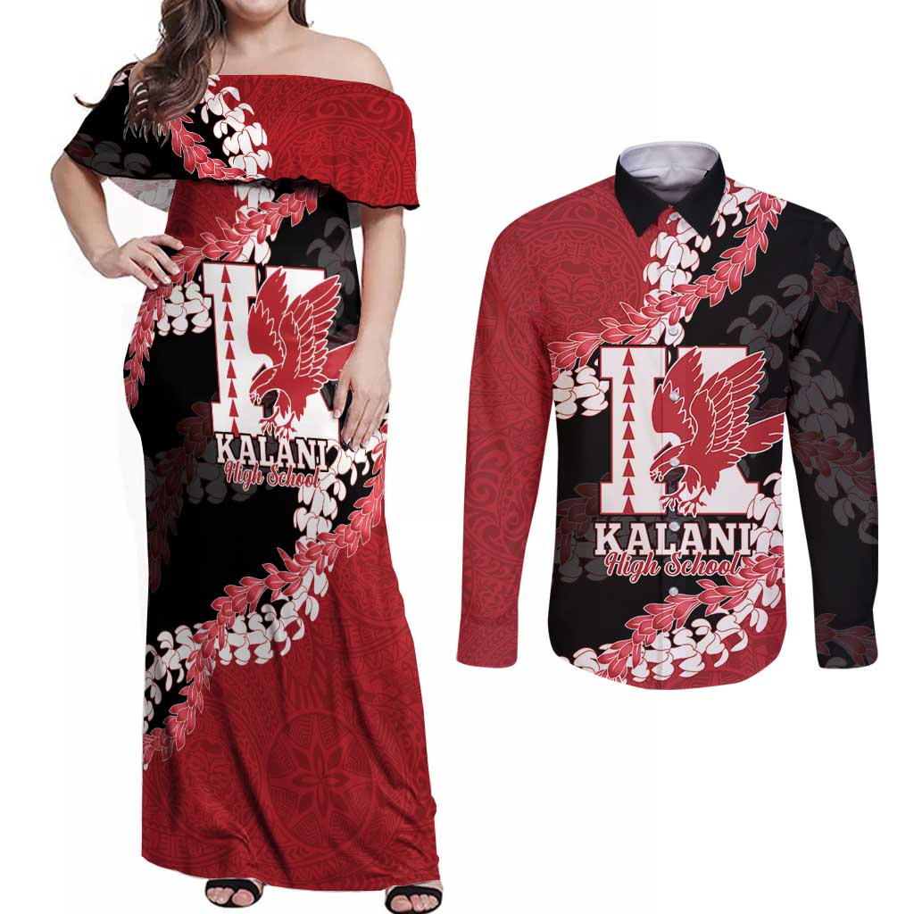 Personalized Kalani Hawaii High School Couples Matching Off Shoulder Maxi Dress and Long Sleeve Button Shirt Puakenikeni Lei Hawaiian Pattern LT14 Red - Polynesian Pride