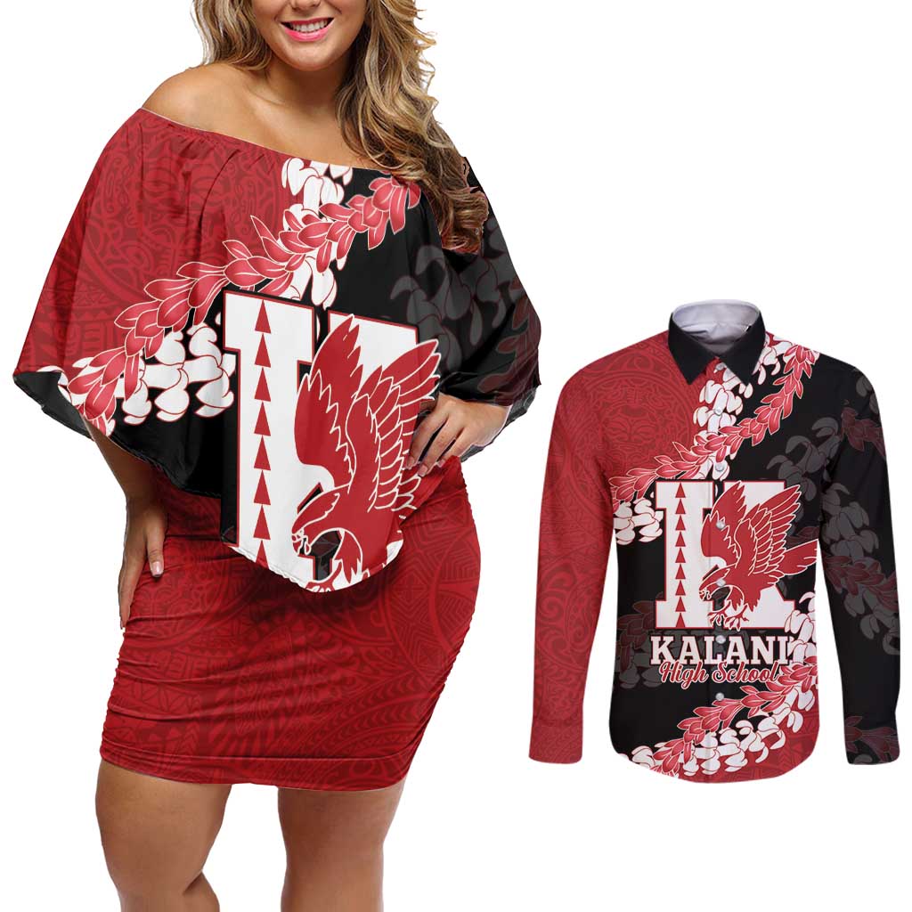 Personalized Kalani Hawaii High School Couples Matching Off Shoulder Short Dress and Long Sleeve Button Shirt Puakenikeni Lei Hawaiian Pattern LT14 Red - Polynesian Pride