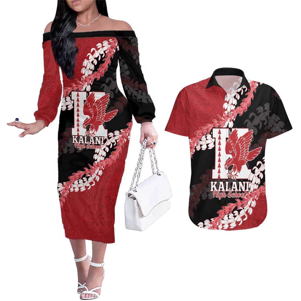 Personalized Kalani Hawaii High School Couples Matching Off The Shoulder Long Sleeve Dress and Hawaiian Shirt Puakenikeni Lei Hawaiian Pattern LT14 Red - Polynesian Pride