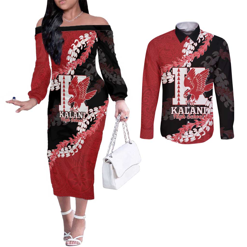 Personalized Kalani Hawaii High School Couples Matching Off The Shoulder Long Sleeve Dress and Long Sleeve Button Shirt Puakenikeni Lei Hawaiian Pattern LT14 Red - Polynesian Pride