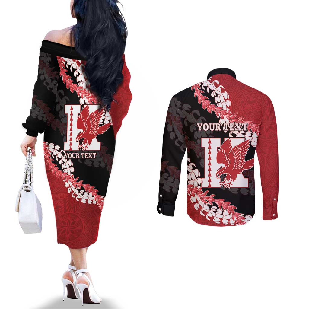 Personalized Kalani Hawaii High School Couples Matching Off The Shoulder Long Sleeve Dress and Long Sleeve Button Shirt Puakenikeni Lei Hawaiian Pattern LT14 - Polynesian Pride