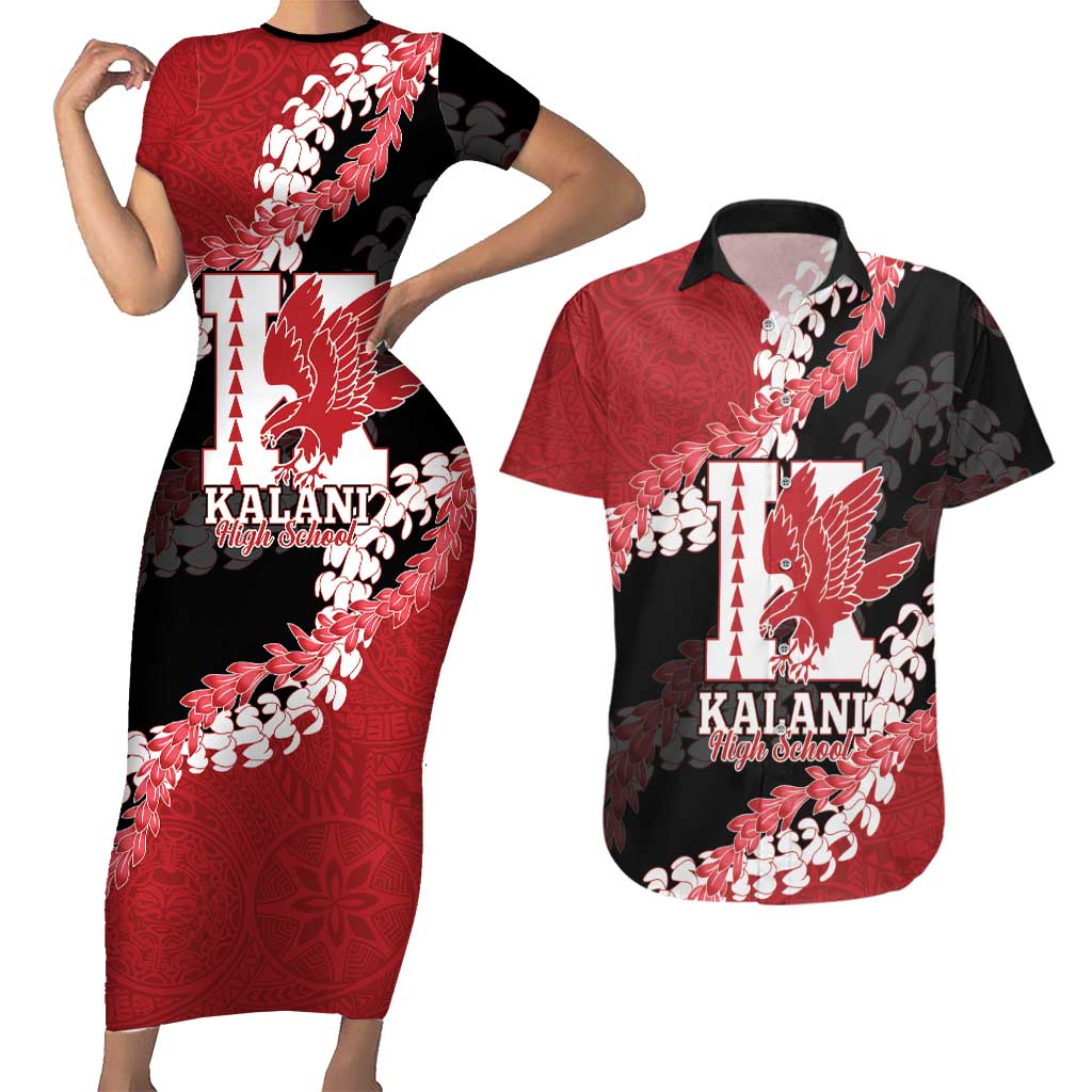Personalized Kalani Hawaii High School Couples Matching Short Sleeve Bodycon Dress and Hawaiian Shirt Puakenikeni Lei Hawaiian Pattern LT14 Red - Polynesian Pride