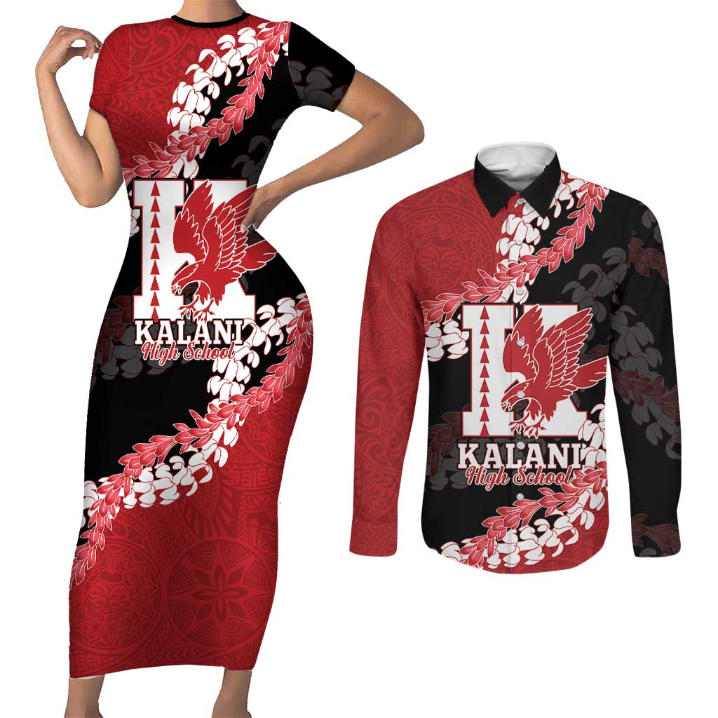 Personalized Kalani Hawaii High School Couples Matching Short Sleeve Bodycon Dress and Long Sleeve Button Shirt Puakenikeni Lei Hawaiian Pattern - Polynesian Pride