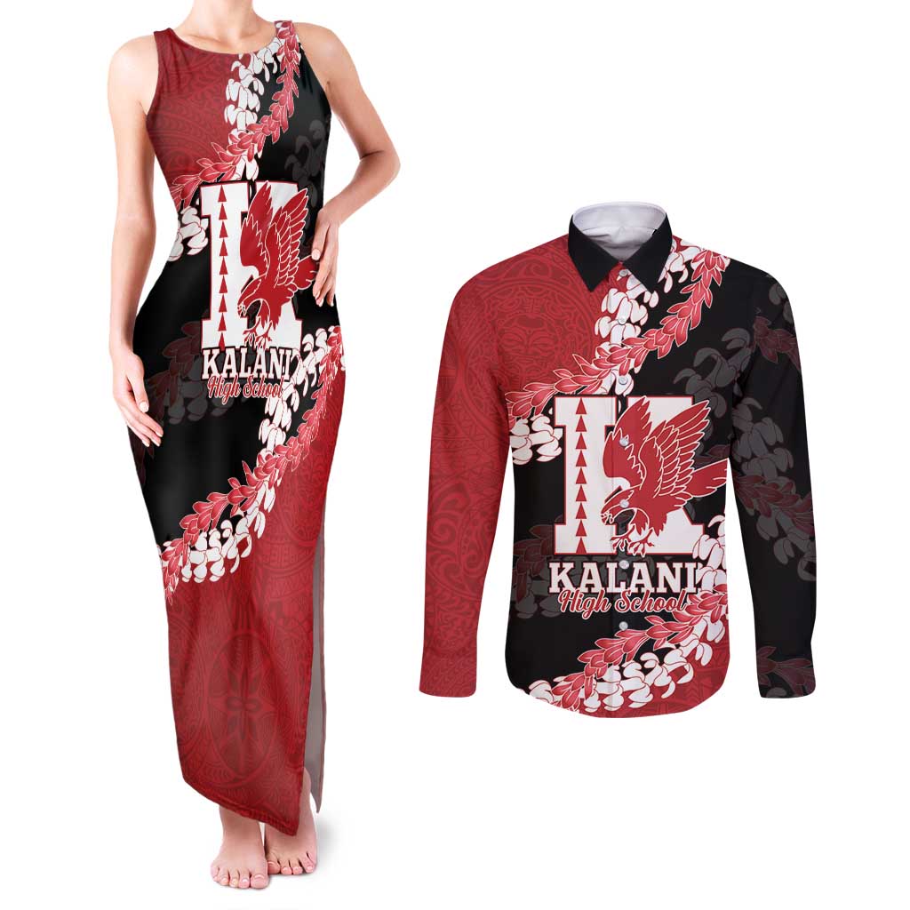 Personalized Kalani Hawaii High School Couples Matching Tank Maxi Dress and Long Sleeve Button Shirt Puakenikeni Lei Hawaiian Pattern LT14 Red - Polynesian Pride