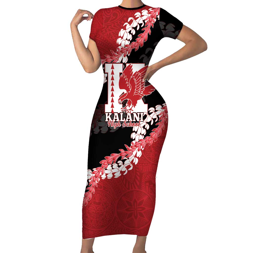 Personalized Kalani Hawaii High School Family Matching Short Sleeve Bodycon Dress and Hawaiian Shirt Puakenikeni Lei Hawaiian Pattern LT14 Mom's Dress Red - Polynesian Pride