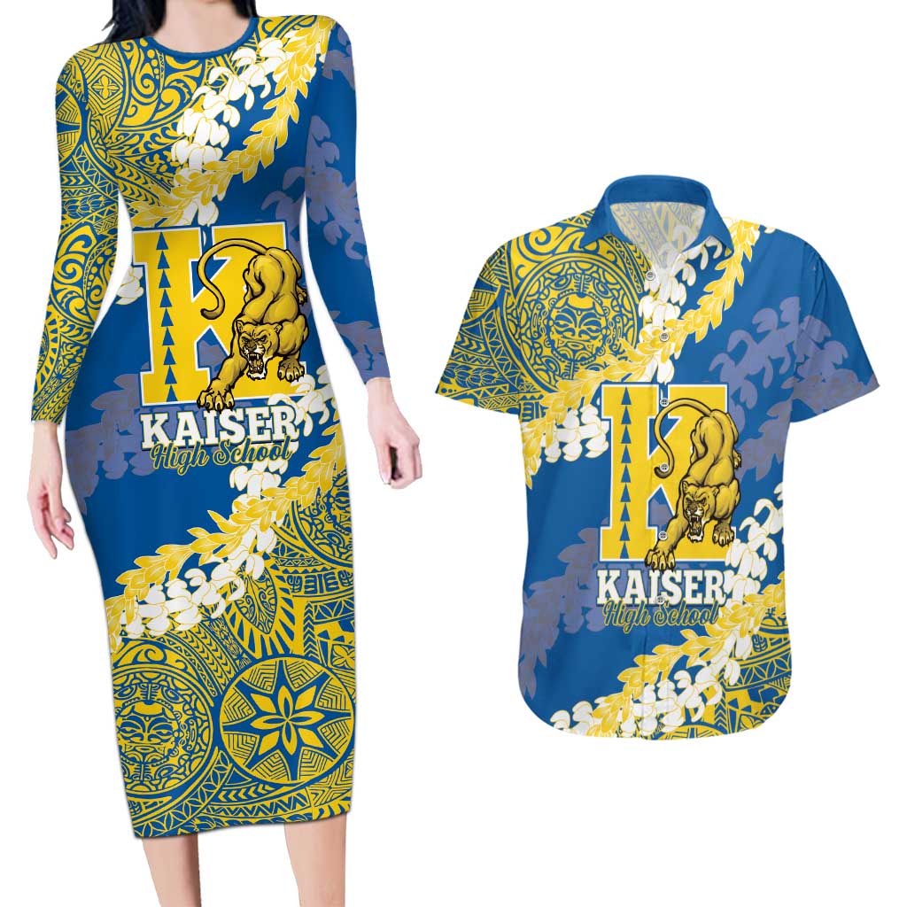 Personalized Kaiser Hawaii High School Couples Matching Long Sleeve Bodycon Dress and Hawaiian Shirt Puakenikeni Lei Hawaiian Pattern LT14 Blue - Polynesian Pride