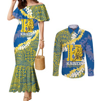 Personalized Kaiser Hawaii High School Couples Matching Mermaid Dress and Long Sleeve Button Shirt Puakenikeni Lei Hawaiian Pattern LT14 Blue - Polynesian Pride