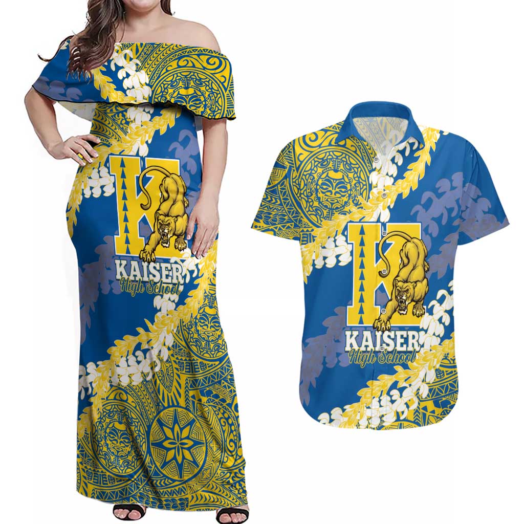 Personalized Kaiser Hawaii High School Couples Matching Off Shoulder Maxi Dress and Hawaiian Shirt Puakenikeni Lei Hawaiian Pattern LT14 Blue - Polynesian Pride