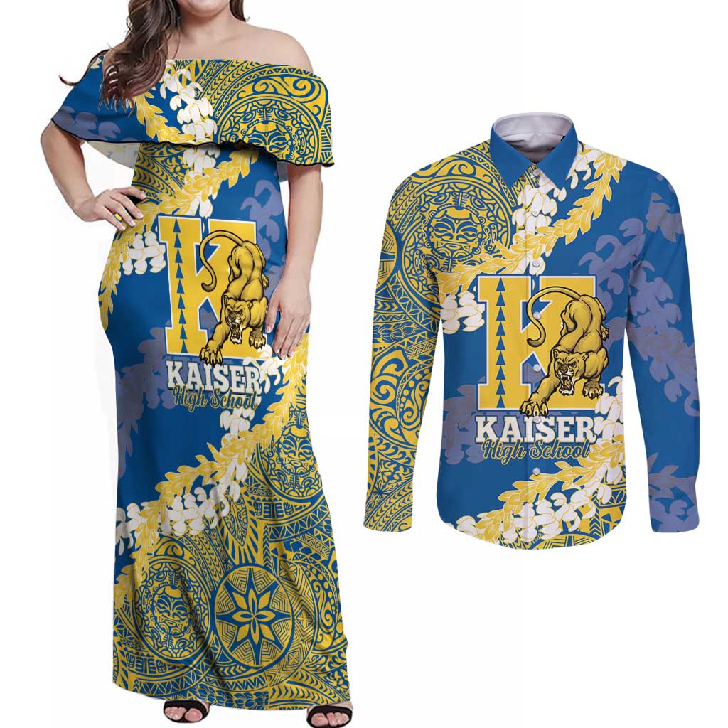 Personalized Kaiser Hawaii High School Couples Matching Off Shoulder Maxi Dress and Long Sleeve Button Shirt Puakenikeni Lei Hawaiian Pattern LT14 Blue - Polynesian Pride