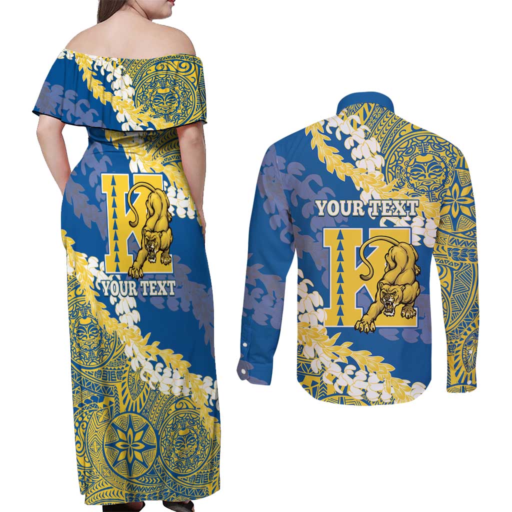 Personalized Kaiser Hawaii High School Couples Matching Off Shoulder Maxi Dress and Long Sleeve Button Shirt Puakenikeni Lei Hawaiian Pattern LT14 - Polynesian Pride