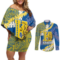 Personalized Kaiser Hawaii High School Couples Matching Off Shoulder Short Dress and Long Sleeve Button Shirt Puakenikeni Lei Hawaiian Pattern LT14 Blue - Polynesian Pride