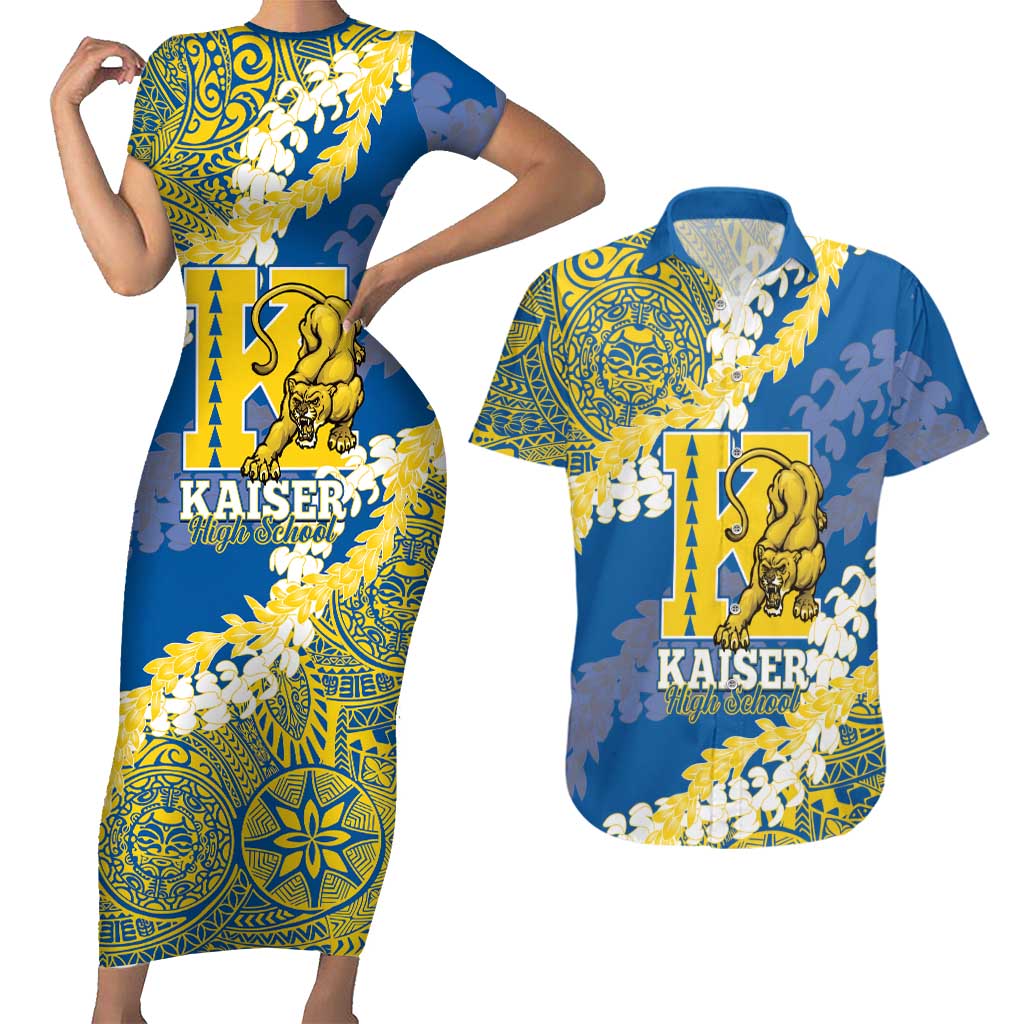 Personalized Kaiser Hawaii High School Couples Matching Short Sleeve Bodycon Dress and Hawaiian Shirt Puakenikeni Lei Hawaiian Pattern LT14 Blue - Polynesian Pride