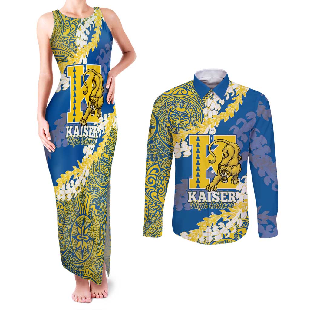 Personalized Kaiser Hawaii High School Couples Matching Tank Maxi Dress and Long Sleeve Button Shirt Puakenikeni Lei Hawaiian Pattern LT14 Blue - Polynesian Pride