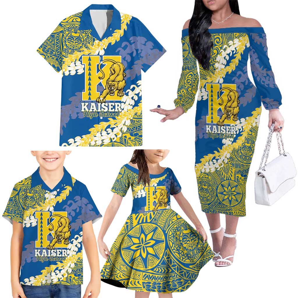 Personalized Kaiser Hawaii High School Family Matching Off The Shoulder Long Sleeve Dress and Hawaiian Shirt Puakenikeni Lei Hawaiian Pattern - Polynesian Pride