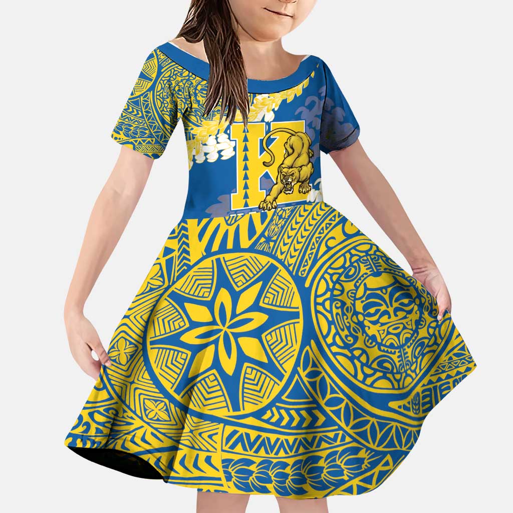 Personalized Kaiser Hawaii High School Family Matching Puletasi and Hawaiian Shirt Puakenikeni Lei Hawaiian Pattern LT14 Daughter's Dress Blue - Polynesian Pride