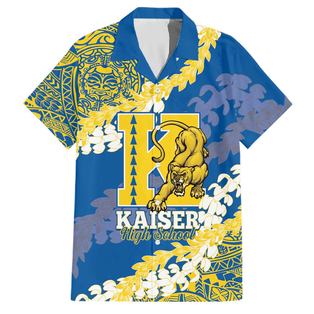 Personalized Kaiser Hawaii High School Family Matching Puletasi and Hawaiian Shirt Puakenikeni Lei Hawaiian Pattern LT14 Dad's Shirt - Short Sleeve Blue - Polynesian Pride
