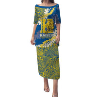 Personalized Kaiser Hawaii High School Family Matching Puletasi and Hawaiian Shirt Puakenikeni Lei Hawaiian Pattern LT14 Mom's Dress Blue - Polynesian Pride