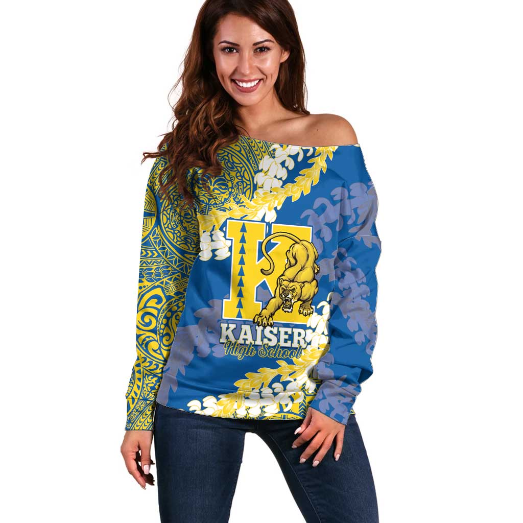 Personalized Kaiser Hawaii High School Off Shoulder Sweater Puakenikeni Lei Hawaiian Pattern - Polynesian Pride
