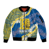 Personalized Kaiser Hawaii High School Sleeve Zip Bomber Jacket Puakenikeni Lei Hawaiian Pattern LT14 Unisex Blue - Polynesian Pride