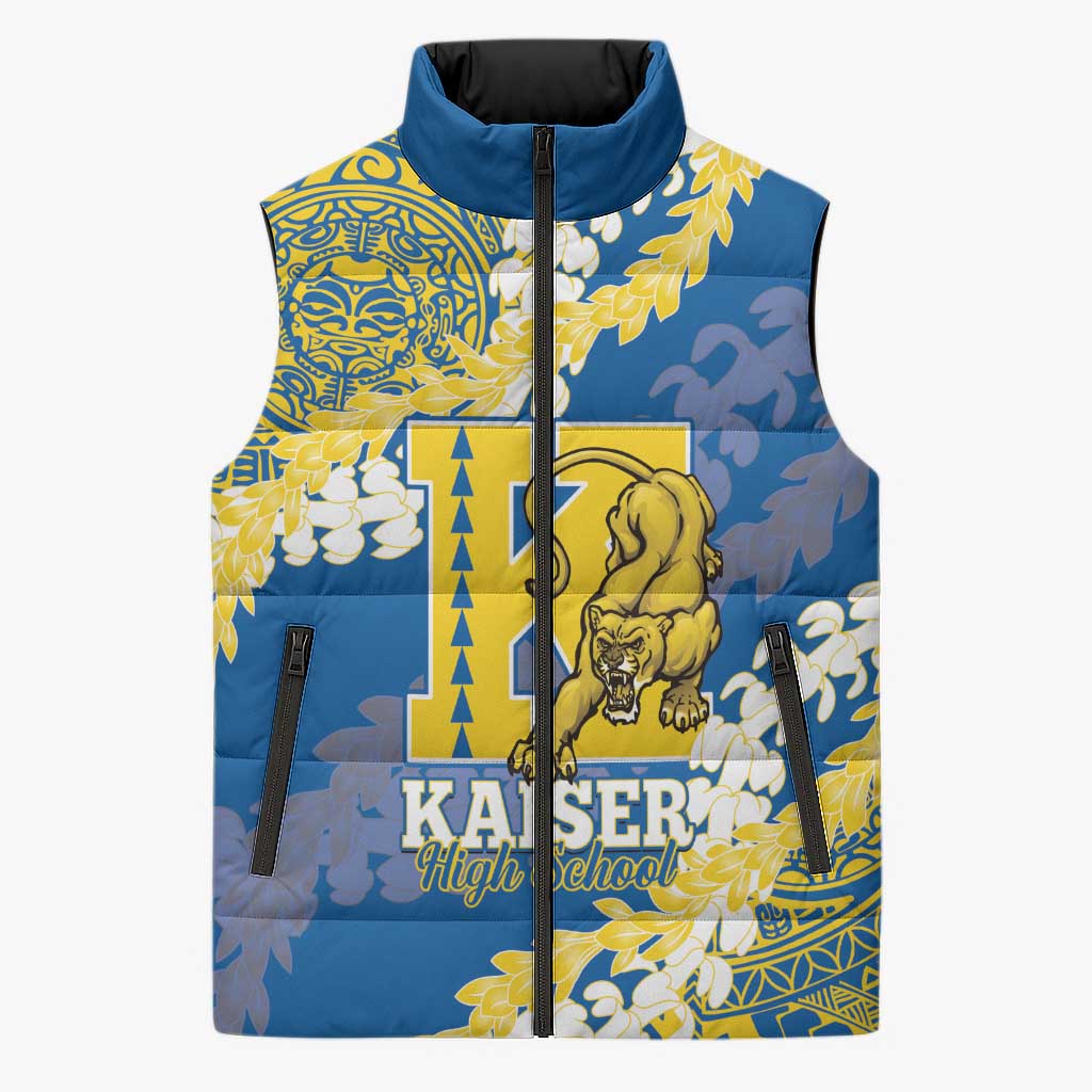 Personalized Kaiser Hawaii High School Sleeveless Puffer Jacket Puakenikeni Lei Hawaiian Pattern LT14 Unisex Blue - Polynesian Pride