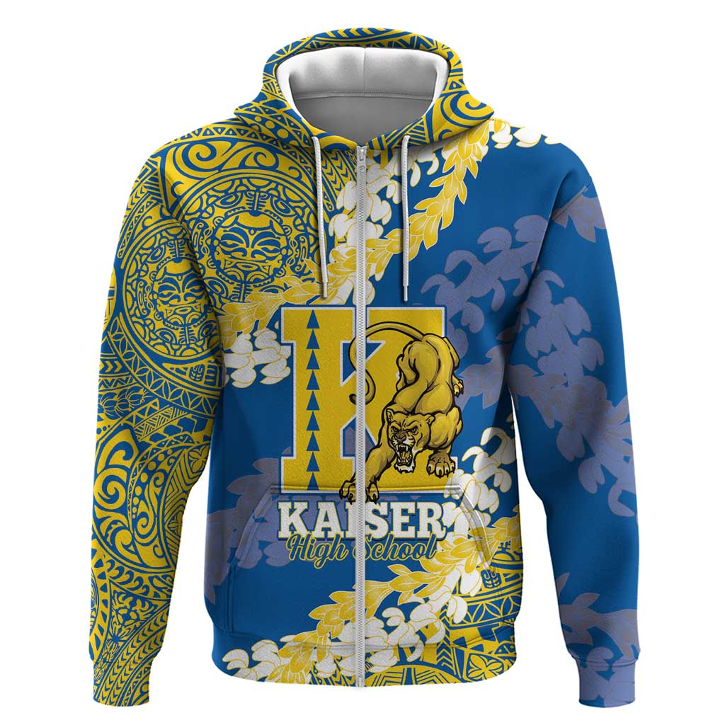 Personalized Kaiser Hawaii High School Zip Hoodie Puakenikeni Lei Hawaiian Pattern LT14 Zip Hoodie Blue - Polynesian Pride