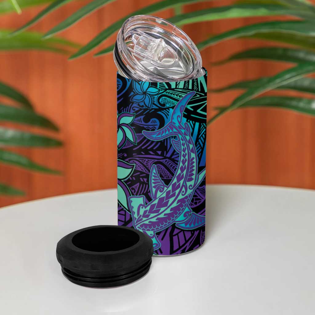 Purple Paradise Hawaiian Tribal Hammerhead Shark 4 in 1 Can Cooler Tumbler