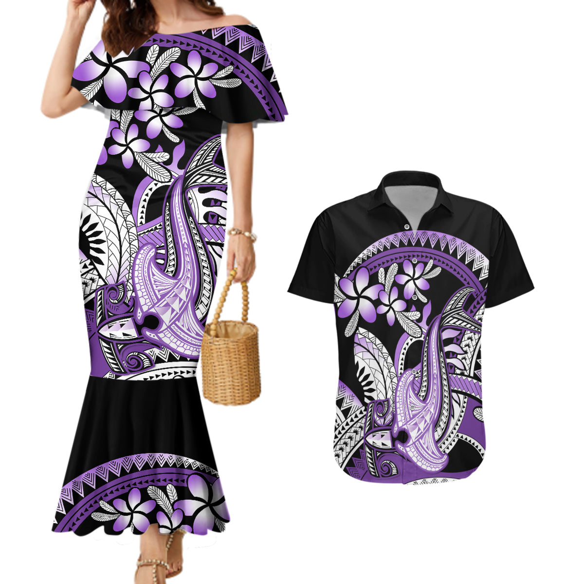 Purple Polynesian Couples Matching Mermaid Dress and Hawaiian Shirt Hammerhead Shark Tattoo Royal Plumeria Gradient Vibes LT14 Purple - Polynesian Pride