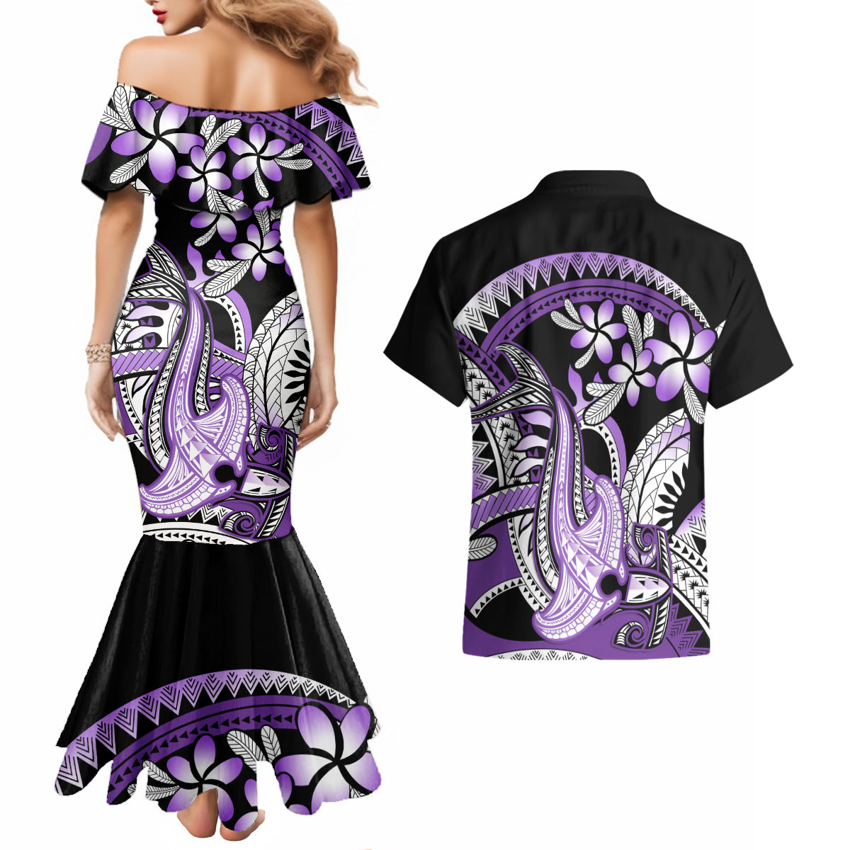 Purple Polynesian Couples Matching Mermaid Dress and Hawaiian Shirt Hammerhead Shark Tattoo Royal Plumeria Gradient Vibes LT14 - Polynesian Pride