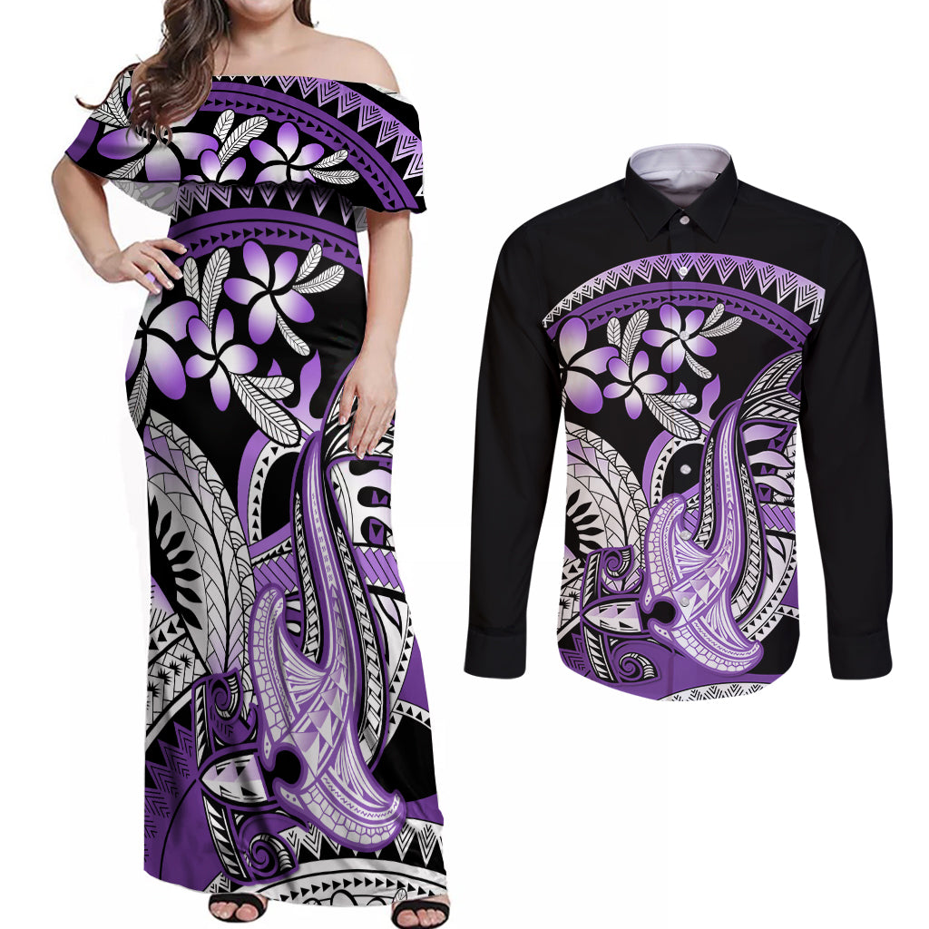 Purple Polynesian Couples Matching Off Shoulder Maxi Dress and Long Sleeve Button Shirt Hammerhead Shark Tattoo Royal Plumeria Gradient Vibes LT14 Purple - Polynesian Pride