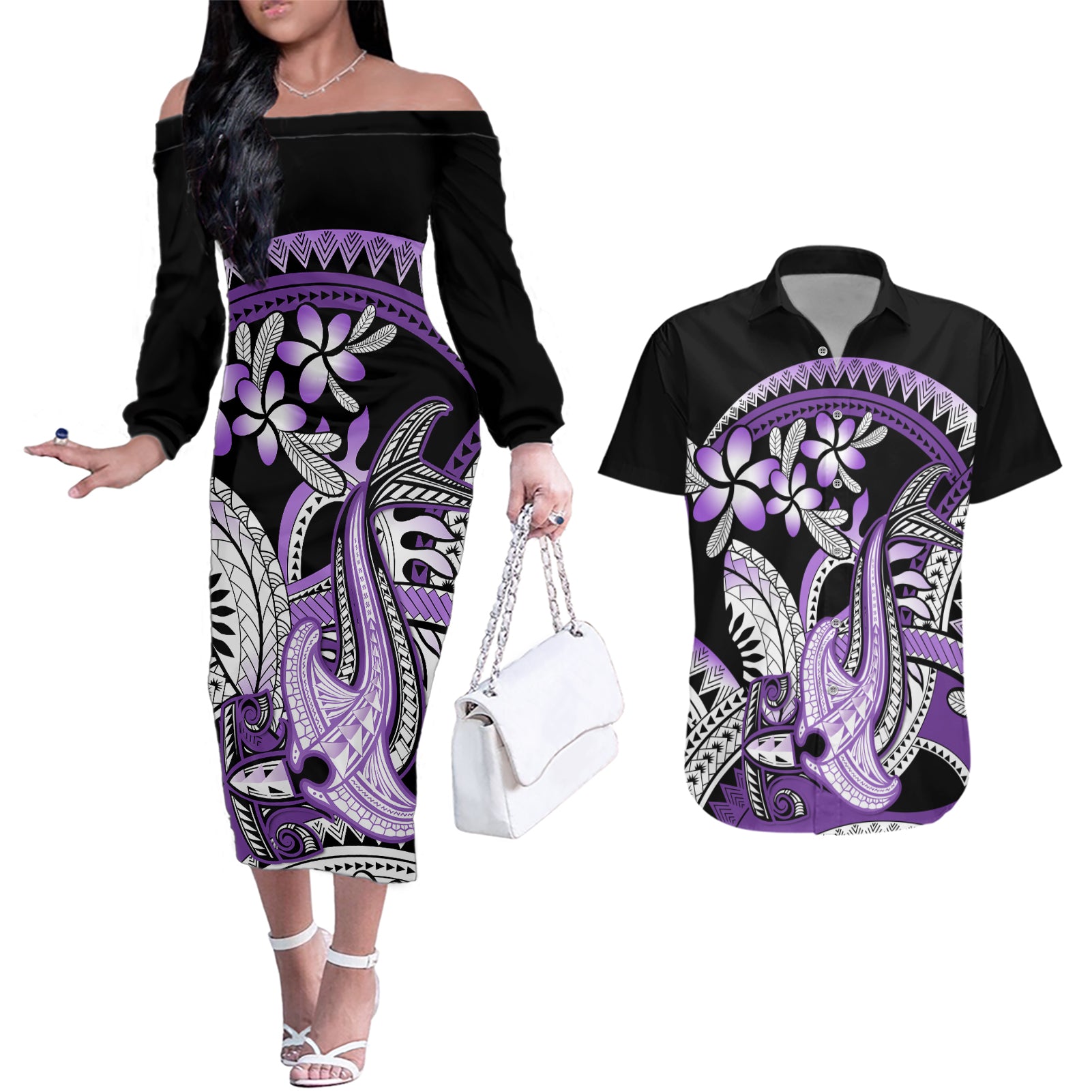 Purple Polynesian Couples Matching Off The Shoulder Long Sleeve Dress and Hawaiian Shirt Hammerhead Shark Tattoo Royal Plumeria Gradient Vibes LT14 Purple - Polynesian Pride