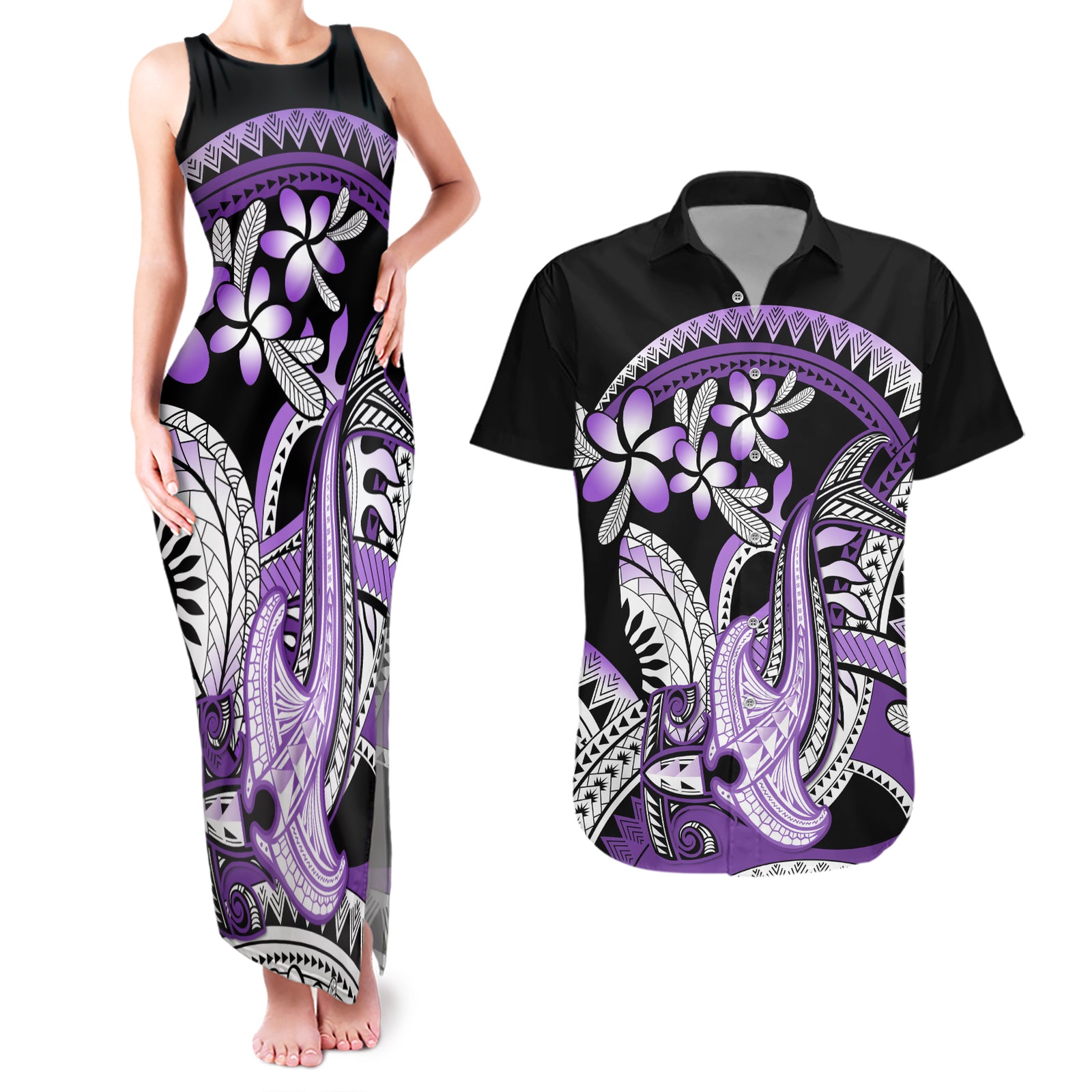 Purple Polynesian Couples Matching Tank Maxi Dress and Hawaiian Shirt Hammerhead Shark Tattoo Royal Plumeria Gradient Vibes LT14 Purple - Polynesian Pride