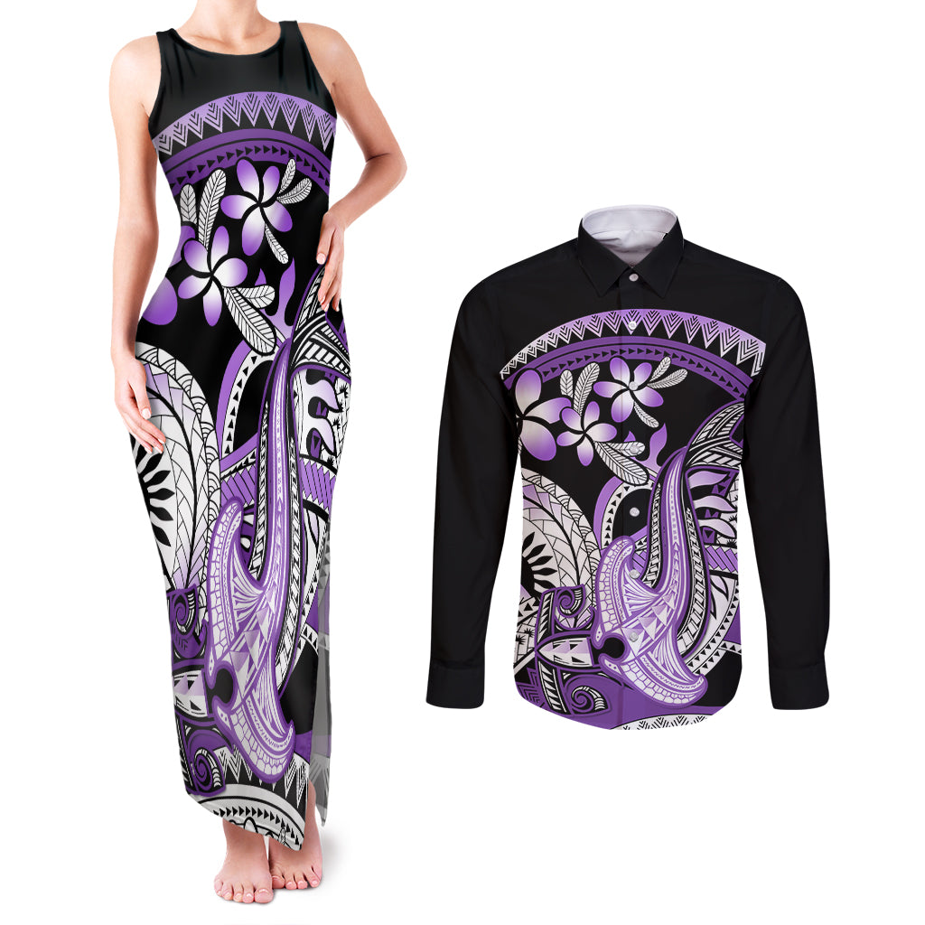 Purple Polynesian Couples Matching Tank Maxi Dress and Long Sleeve Button Shirt Hammerhead Shark Tattoo Royal Plumeria Gradient Vibes LT14 Purple - Polynesian Pride