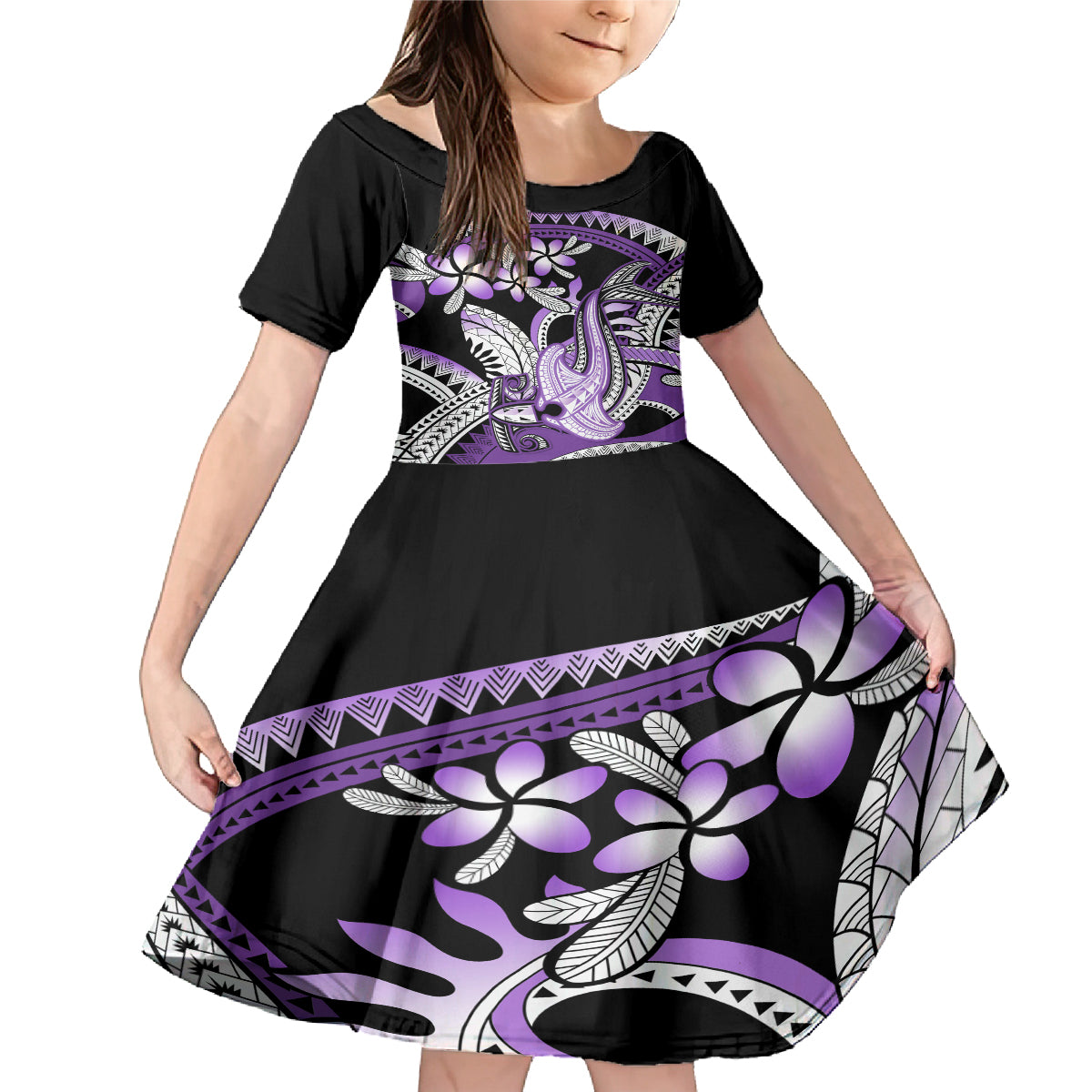 Purple Polynesian Family Matching Mermaid Dress and Hawaiian Shirt Hammerhead Shark Tattoo Royal Plumeria Gradient Vibes LT14 Daughter's Dress Purple - Polynesian Pride